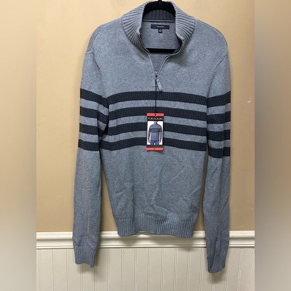 Tahari Mens Gray Striped 1/4 Zip Sweater Size M NWT - Picture 1 of 6